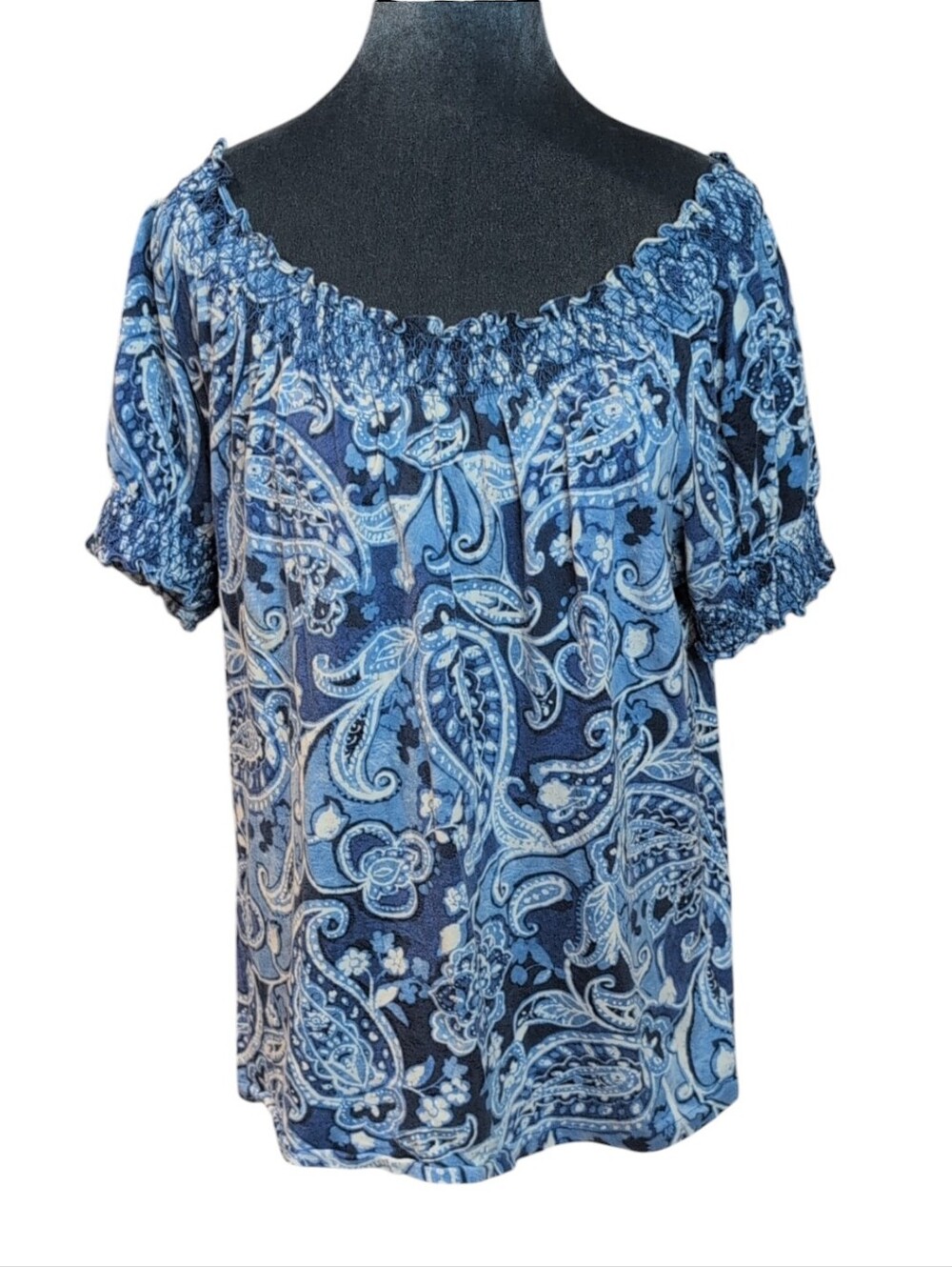 Lauren Ralph Lauren Blue Paisley Print Smocked Short Sleeve Top Size 1X